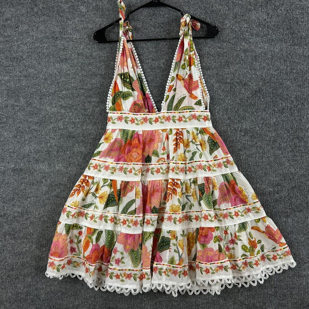 Farm Rio Dress Small Macaw Bloom Tiered Mini Sundress Crochet Boho Tropical - Picture 9 of 16